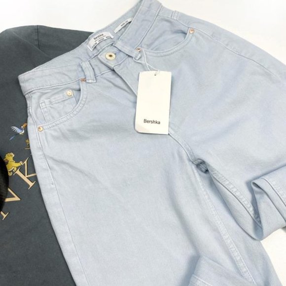 NWT BERSHKA Women Wide Leg Light Blue Jeans w Rips Waist 24" - Picture 10 of 12